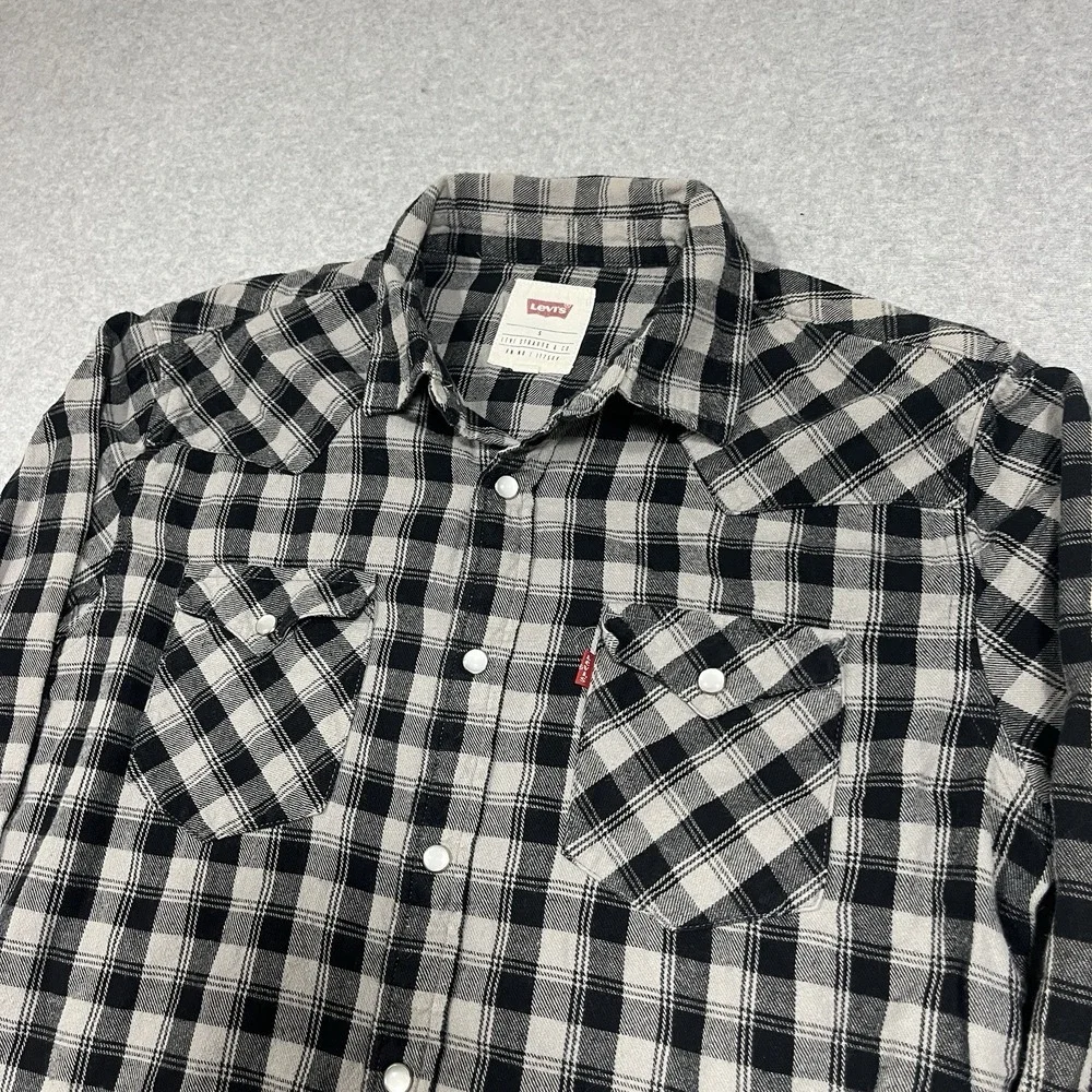 Levis Shirt Mens Small Gray Plaid Pearl Snap Flannel Western Cowboy Long Sleeve